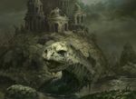  city cityscape dark_theme feral landscape macro magic_the_gathering night official_art open_mouth partially_submerged quadruped reptile ruins scalie turtle undead yeong-hao_han zombie 