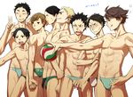  abs black_hair blonde_hair blush brown_hair bulge character_request grin haikyuu!! male_focus multiple_boys muscle nipples pecs silver_hair size_difference smile sports sweat tagme teeth topless underwear v 