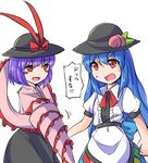 :d blue_hair blush_stickers bow commentary_request d: dress drill food food_on_head fruit fruit_on_head fun_bo hat hat_bow hinanawi_tenshi layered_dress multiple_girls nagae_iku naughty_face object_on_head open_mouth peach purple_hair red_eyes ribbon smile smirk sun_hat sweat touhou translated v-shaped_eyebrows 