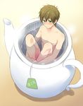  bathing blush brown_hair free! full_body funikurikurara green_eyes male_focus nude oversized_object solo tachibana_makoto teapot water 