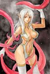  breasts cleavage commentary_request consensual_tentacles dark_elf dark_skin elf gloves hinami_so large_breasts long_hair looking_at_viewer original pointy_ears purple_eyes silver_hair smile solo tentacles traditional_media watercolor_(medium) 
