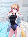  ass_visible_through_thighs blonde_hair blue_eyes competition_swimsuit highres iron_cross jacket kantai_collection kurihara_kenshirou one-piece_swimsuit pool pool_ladder prinz_eugen_(kantai_collection) rei_no_pool skylight smile solo swimsuit thighs twintails undressing 