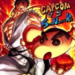  2boys ass battle black_hair capcom_vs_snk crayon_shin-chan crossover dougi gloves headband male_focus multiple_boys muscle nohara_shinnosuke open_mouth parody ryuu_(street_fighter) sawao short_hair street_fighter 