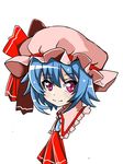  artist_request ascot blue_hair bow denden_taiko fang frilled_shirt_collar frills hat hat_ribbon highres jewelry mob_cap pink_eyes red_bow red_ribbon remilia_scarlet ribbon shirt short_hair simple_background smile solo touhou white_background 