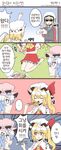  3girls 4koma :t alternate_costume ascot bag barefoot blonde_hair blue_hair bow closed_eyes closed_mouth comic delivery eating flandre_scarlet food fuente hat hat_bow hat_ribbon highres korean long_hair looking_at_another lower_body mizuhashi_parsee mob_cap multiple_girls open_eyes open_mouth pointy_ears puffy_sleeves red_eyes remilia_scarlet ribbon short_hair short_sleeves siblings side_ponytail sisters sitting skirt spoken_ellipsis sunglasses sushi sweat touhou translated upper_body wings 