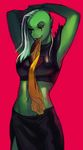  2016 alien anthro big_breasts breasts clothed clothing ducky0ng_0_0 eyelashes female freckles green_skin hair hands_above_head hi_res long_hair lord_dominator navel pointy_ears simple_background solo standing white_hair 