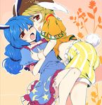  2girls animal_ears arm_grab blonde_hair blue_hair blush breast_grab bunny_ears chima_q dress grabbing hat highres long_hair looking_at_viewer multiple_girls one_eye_closed open_mouth puffy_short_sleeves puffy_sleeves red_eyes ringo_(touhou) seiran_(touhou) shirt short_hair short_sleeves shorts tongue tongue_out touhou yuri 