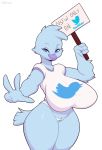  anthro avian big_breasts bird blue_eyes blue_skin breasts clothed clothing digital_media_(artwork) eyelashes female half-closed_eyes huge_breasts looking_at_viewer mature_female non-mammal_breasts panties poster pubes riipley shirt sign signboard solo tweetfur twitter underwear 