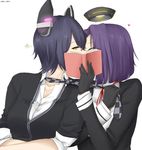  2girls book checkered checkered_necktie closed_eyes covering_face eyes_closed gloves headgear heart kantai_collection kiss looking_at_viewer mechanical_halo multiple_girls necktie purple_hair short_hair star tatsuta_(kantai_collection) tenryuu_(kantai_collection) udon-udon yellow_eyes yuri 