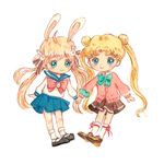  2girls animal_ears bishoujo_senshi_sailor_moon blonde_hair bunny_ears bunny_hair_ornament carrie_luk cosplay costume_switch crossover double_bun dual_persona green_eyes hair_ornament hand_holding holding_hands look-alike multiple_girls pleated_skirt sailor_moon school_uniform serafuku shironeko_project skirt smile sweater trait_connection tsukimi_(shironeko_proect)_(cosplay) tsukimi_(shironeko_project) tsukino_usagi tsukino_usagi_(cosplay) twintails white_background 