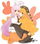  2girls animal_ears black_dress blonde_hair bunny bunny_ears bunny_tail chinese_clothes chinese_hat dress hat junko_(touhou) long_hair long_sleeves looking_at_viewer multiple_girls necktie one_eye_closed open_mouth purple_hair red_eyes red_necktie reisen_udongein_inaba simple_background skirt tabard tail tama_(hiroshige_36) touhou very_long_hair white_background wide_sleeves 