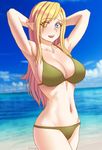  1girl :d absurdres armpits arms_behind_head arms_up artist_name bikini blonde_hair blue_eyes breasts cleavage cloud collarbone contrapposto danfer3 elf highres large_breasts long_hair looking_at_viewer navel ocean open_mouth original pointy_ears sky smile solo standing swimsuit 