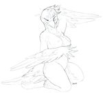  2016 anthro avian barefoot beak bird breasts feathers female hair kneeling looking_at_viewer looking_away maim nipples nude one_eye_closed red_eyes side_boob signature simple_background sketch solo talons wings 