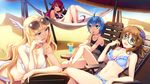  :3 adjusting_hair bare_arms bare_legs bare_shoulders barefoot bikini black-framed_glasses black_bikini blonde_hair blue_bikini blue_eyes blue_hair breasts brown_eyes brown_hair carmine_(hatsuro_koto_naki_mirai_yori) chair cleavage desert drink drinking_straw eren_(hatsuro_koto_naki_mirai_yori) eyebrows eyebrows_visible_through_hair eyepatch feet flower fran_(hatsuro_koto_naki_mirai_yori) fruit fumio_(ura_fmo) game_cg glasses hair_flower hair_ornament hand_on_own_cheek hatsuru_koto_naki_mirai_yori head_wings highres horns large_breasts legs long_hair looking_at_another lying morin_(hatsuro_koto_naki_mirai_yori) multiple_girls navel open_mouth parted_lips purple_eyes red_hair sand short_hair sky small_breasts smile sunglasses swimsuit thighs toes white_bikini 