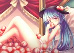  1girl bed blue_hair canopy_bed food fruit hair_censor hat highres hinanawi_tenshi legs_crossed long_hair looking_at_viewer on_bed panties peach pillow red_eyes sitting sitting_on_bed smile solo t.m_(aqua6233) topless touhou underwear underwear_only very_long_hair white_panties 