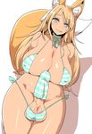 1girl animal_ears bikini blonde_hair blue_eyes breasts censored cleavage cock_sleeve erect_nipples erection futanari large_breasts long_hair looking_at_viewer penis sitting smile sock_on_penis solo tail testicles tongue tongue_out ubanis 