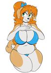  2016 anthro big_breasts bikini bow breasts brown_fur canine clothing dog female fur green_eyes hair hi_res huge_breasts kibbles long_hair mammal multicolored_fur orange_hair simple_background skidd slightly_chubby smile solo swimsuit thick_thighs two_tone_fur white_background white_fur 
