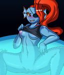  2016 anthro blush bottomless breasts clothed clothing drako1997 eye_patch eyewear female fin fish hair head_fin hi_res marine nipples presenting pussy red_eyes red_hair slit_pupils solo spread_legs spreading under_boob undertale undyne video_games water yellow_sclera 