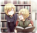  2girls blonde_hair blue_eyes book closed_eyes erica_hartmann eyes_closed glasses grin liar_lawyer military military_uniform multiple_girls open_mouth ribbon short_hair siblings sisters smile strike_witches twins uniform ursula_hartmann 