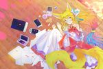  1girl animal_ears bare_shoulders blonde_hair fox_ears fox_tail glasses gradient_eyes gradient_hair highres japanese_clothes long_hair looking_at_viewer miko_(no_game_no_life) multicolored_eyes multicolored_hair multiple_tails no_game_no_life orange_eyes solo tagme tail tangjinhang very_long_hair whiskers yellow_eyes 