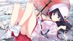  black_hair breasts bunny cleavage edogawakid feet gokou_ruri highres hime_cut hood japanese_clothes kimono long_hair miko mole no_shoes ore_no_imouto_ga_konna_ni_kawaii_wake_ga_nai oriental_umbrella panties pantyshot pov_feet purple_eyes socks solo tabi uchikake umbrella underwear 