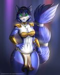  2016 anthro big_breasts blue_background blue_fur blue_hair blush bra breasts canine cleavage clothed clothing doomthewolf english_text female fox fur green_eyes hair hand_on_hip hi_res jewelry krystal loincloth long_hair looking_at_viewer mammal markings navel necklace nintendo raised_tail simple_background smile solo star_fox tagme teeth text underwear video_games white_fur wide_hips 