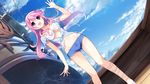  1girl bare_legs boyshorts bracelet breasts cleavage clouds dutch_angle floating_hair fumio_(ura_fmo) game_cg happy hatsuru_koto_naki_mirai_yori highres large_breasts legs long_hair looking_away meltyna navel open_mouth outdoors pink_eyes pink_hair ship short_shorts shorts sky smile solo standing thighs tied_shirt underboob waving 