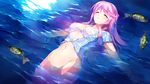  1girl blush breasts cleavage eyes_closed fish floating fumio_(ura_fmo) game_cg hairband hatsuru_koto_naki_mirai_yori highres large_breasts long_hair meltyna mermaid mound_of_venus navel no_pussy ocean parted_lips partially_submerged pink_hair raised_eyebrows solo water wet wet_clothes 
