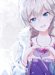  1girl anastasia_(idolmaster) blue_eyes collarbone cross fur_trim heart heart_hands hwansang idolmaster idolmaster_cinderella_girls jewelry looking_at_viewer necklace open_mouth short_hair silver_hair smile snowflakes solo watermark 