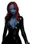  2016 blue_skin breasts cleavage clothed clothing ducky0ng_0_0 eye_patch eyes_closed eyewear female fish hair long_hair marine monster red_hair rubber simple_background sketch solo standing sweat undertale undyne video_games white_background 