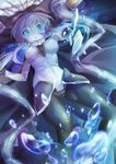  1girl :o air_bubble blue_eyes bodysuit broken glowing glowing_eyes headgear highres kantai_collection murabito_a open_mouth solo tentacle tentacles underwater white_hair white_skin wo-class_aircraft_carrier 
