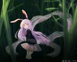  1girl animal_ears bamboo bamboo_forest blazer bunny_ears bunny_tail daidai_(nana1234567) forest jacket lavender_hair long_hair nature necktie purple_hair red_eyes red_necktie reisen_udongein_inaba shirt skirt socks solo tail touhou 