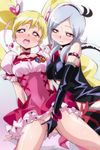  2girls arm_strap bare_shoulders black_gloves blonde_hair blush bracelet breasts buckle choker covered_navel cure_peach dress earrings eas elbow_gloves fingering fresh_precure! frills gloves hair_ornament hairband heart higashi_setsuna jewelry large_breasts long_hair magical_girl manji_(tenketsu) momozono_love multiple_girls no_panties open_mouth pink_eyes precure red_eyes shiny shiny_skin short_hair silver_hair smile spread_legs squatting sweat thighhighs twintails yuri 