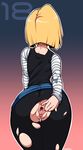  android_18 anus artist_name ass bent_over black_legwear blonde_hair character_name cowboy_shot curvy dragon_ball dragonball_z from_behind gradient gradient_background invitation leaning_forward mrsteak pantyhose pov_ass presenting pussy short_hair simple_background skirt solo spread_pussy standing thick_thighs thighs torn_clothes torn_pantyhose uncensored wide_hips 