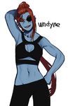  2016 anthro black_bra black_pants blue_skin breasts cleavage clothed clothing ducky0ng_0_0 eye_patch eyewear female fish grin hair hand_behind_head hand_on_hip long_hair marine midriff monster navel red_hair sharp_teeth simple_background solo standing teeth text undertale undyne video_games white_background yellow_eyes 