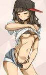  1girl areola_slip areolae bare_shoulders blush bra breasts brown_hair closed_mouth embarrassed eyes_closed hat long_hair navel original panties pussy rawsins shirt shirt_lift shorts solo stripping uncensored underboob 