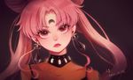 +1_(yakusoku0722) 1girl bishoujo_senshi_sailor_moon black_lady chibi_usa crescent crystal_earrings dated double_bun earrings facial_mark forehead_mark frown head_tilt jewelry pink_eyes pink_hair portrait signature solo twintails vignetting 