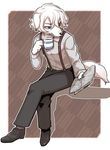  abstract_background canine clothed clothing cup dog footwear fur hair male mammal newspaper pants robo_(artist) shirt shoes solo suspenders white_fur white_hair 