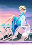  1girl blonde_hair blue_dress blue_eyes braid cape dress elsa_(frozen) frozen_(disney) hair_over_shoulder high_heels jdg lipstick long_hair makeup mountain railing red_lipstick single_braid sitting sitting_on_railing sky solo star_(sky) starry_sky 