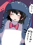  1girl ^_^ asymmetrical_wings bow closed_eyes commentary_request costume eyes_closed hammer_(sunset_beach) houjuu_nue open_mouth smile solo touhou translation_request upper_body whale_shark wings 