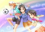  3girls backwards_hat black_hair black_shorts blonde_hair blue_dress brown_eyes brown_shorts bunny_hair_ornament determined dress food football_(object) fruit green_shirt hair_ornament hat idolmaster idolmaster_cinderella_girls instrument keyboard_(instrument) kicking melodica multiple_girls mutsuki_hiiro orange_skirt sasaki_chie shirt shorts skirt sparkle_background strawberry tachibana_arisu yuuki_haru 