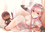  1girl blue_hair bra breasts character_doll cleavage cu_chulainn_alter_(fate/grand_order) elbow_gloves fate/grand_order fate_(series) gloves hood hsin long_hair looking_at_viewer lying medb_(fate/grand_order) midriff navel on_side parody parted_lips pink_hair polearm red_eyes smile solo spear style_parody tiara underwear weapon yellow_eyes 
