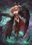  aurora_rokudo blonde_hair breasts covered_nipples erect_nipples feathers forest harpy highres horns large_breasts long_hair monster_girl nature red_eyes talons thighhighs tree wings 