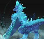  2016 auroth_the_winter_wyvern black_background blue_claws blue_eyes blue_fur blue_scales butt claws clitoris crouching dota female feral fur hawkilla looking_back membranous_wings nude open_mouth pussy raised_tail rear_view scales scalie simple_background solo spikes teeth toe_claws video_games wings wyvern 