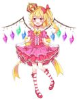  absurdres alternate_wings artist_request blonde_hair blush bow crown dress fang flandre_scarlet full_body gloves hair_bow hair_ribbon hanen_(borry) highres jewelry looking_at_viewer mary_janes necklace open_mouth pink_dress pink_shoes puffy_short_sleeves puffy_sleeves red_bow red_eyes ribbon shoes short_hair short_sleeves side_ponytail simple_background skirt skirt_hold smile socks solo striped striped_legwear touhou vampire white_background wings 