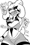  angry anthro asriel_dreemurr black_sclera boss_monster breasts caprine cleavage clothed clothing crossgender embarrassed eyebrows fangs female floppy_ears fluffy fluffy_tail goat horn long_ears mammal markings midriff monochrome open_mouth pashoo shirt shorts slit_pupils speech_bubble tank_top teeth text tight_clothing tongue undertale undyne video_games 