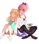  2girls bare_legs bare_shoulders barefoot blonde_hair bow casual closed_eyes deca_purio eyes_closed feet full_body hair_bow hand_holding heart_print highres holding_hands idolmaster idolmaster_cinderella_girls interlocked_fingers jougasaki_mika jougasaki_rika long_hair magazine midriff multiple_girls no_shoes off-shoulder_shirt pink_hair print_shirt shirt shorts siblings sisters sitting sleeping smile soles thighhighs toes two_side_up white_background yellow_eyes 