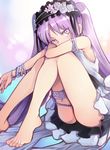  armband bare_shoulders barefoot batatata77 bracelet dress euryale fate/grand_order fate_(series) feet headdress jewelry long_hair looking_at_viewer purple_eyes purple_hair ring solo twintails very_long_hair white_dress 