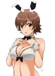  1girl animal_ears bikini_top breasts brown_hair bunny_ears bunny_girl bunnysuit cleavage honda_mio idolmaster idolmaster_cinderella_girls large_breasts parted_lips shift_(waage) shiny shiny_skin short_hair simple_background smile solo tongue tongue_out upper_body 