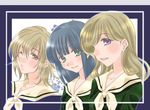  3girls bangs black_hair blonde_hair blue_hair blunt_bangs bob_cut frame green_eyes hirota_kaoru looking_at_viewer maria-sama_ga_miteru multiple_girls nijou_noriko one_eye_closed purple_eyes satou_sei school_uniform serafuku short_hair toudou_shimako upper_body 